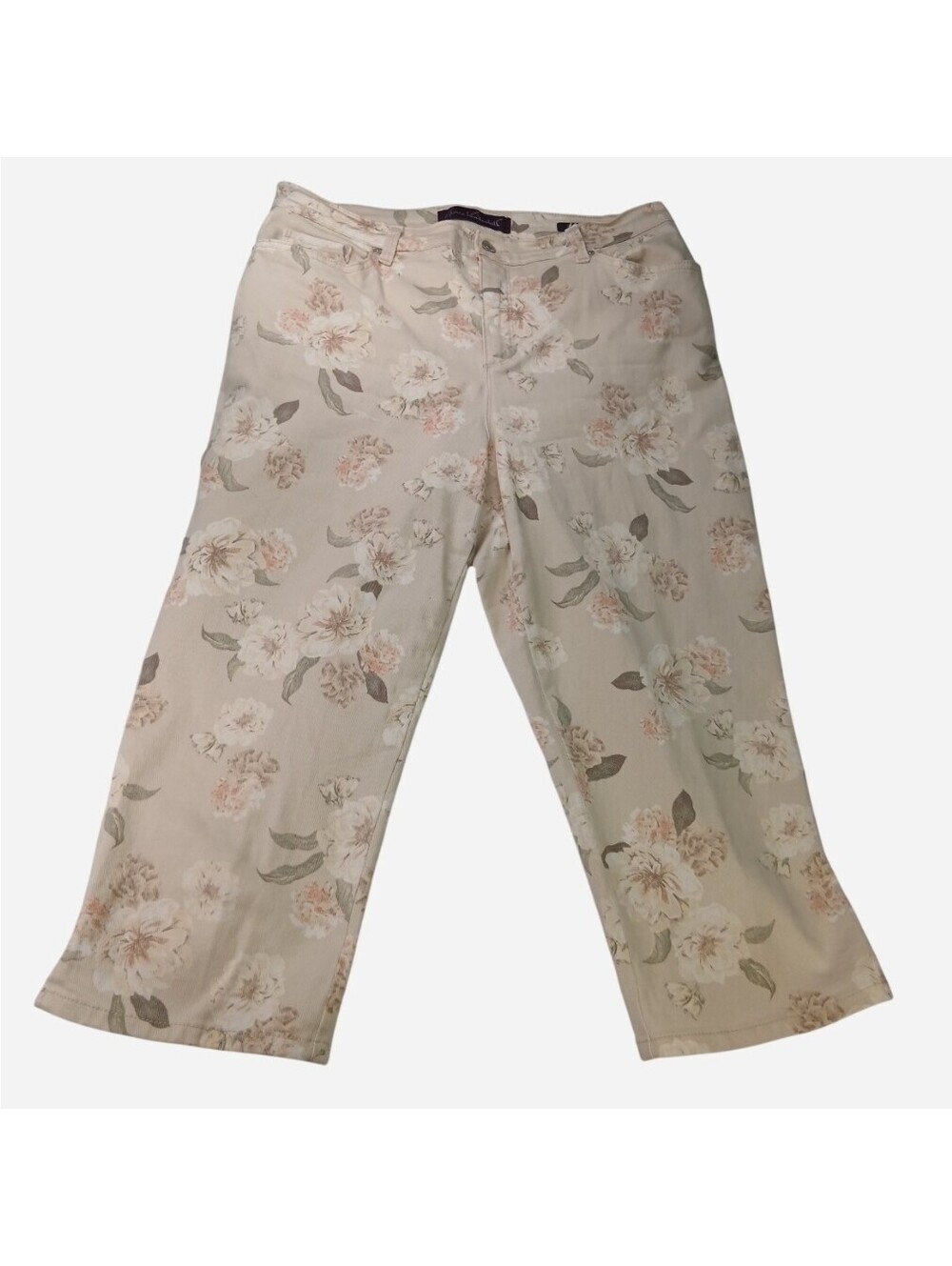 Gloria Vanderbilt Amanda Floral Denim Capri Jeans Size 12 Cream Pink Cropped